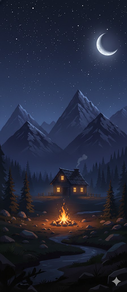 Fantasy landscape with mountains and campfire